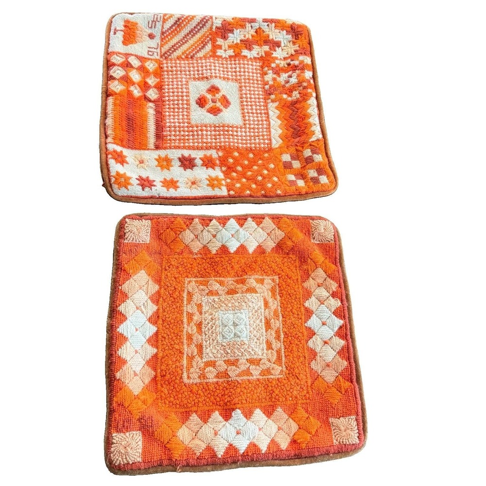 2 X Vintage Mid Century Pillow‎ Covers 1976 Needlepoint Orange Geometric MCM
